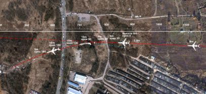 Jedna z grafik Siergieja Amielina opublikowanych na  http://picasaweb.google.ru/Amlmtr/MWzNeJ#5460505351912437762  analizujących katastrofę samolotu prezydenckiego